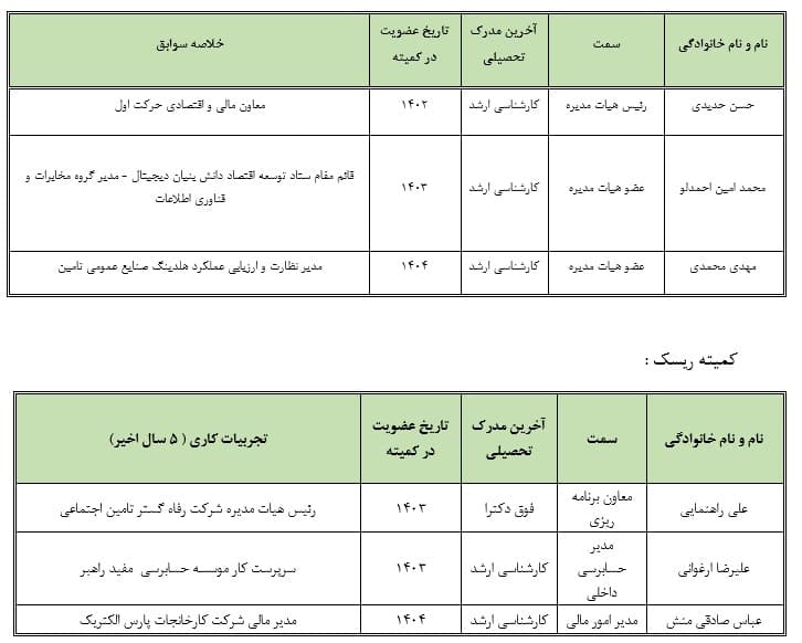 اطلاعات مربوط به اعضا کمیته های تخصصی شرکت (کمیته حسابرسی، انتصابات و ریسک)