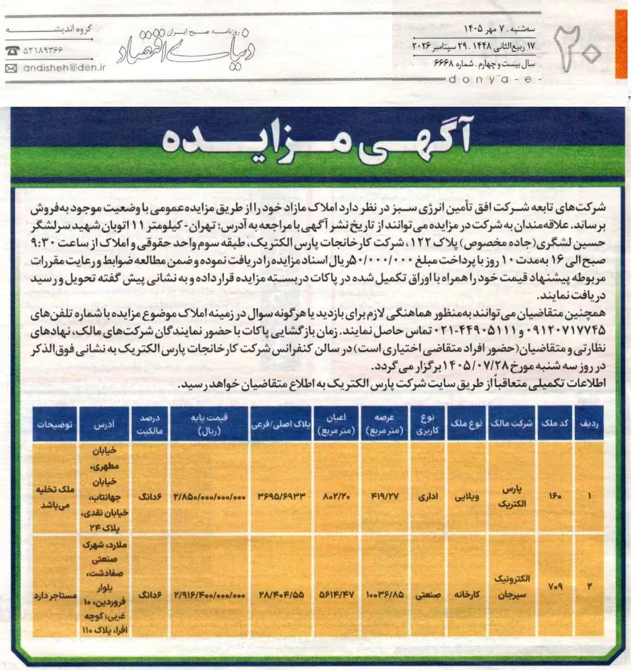 مزایده فروش عمومی ملک اداری و کارخانه