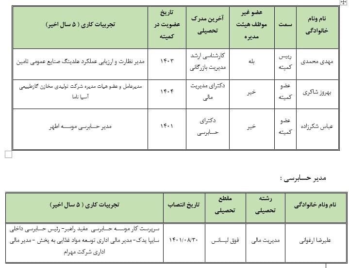 اطلاعات مربوط به اعضا کمیته های تخصصی شرکت (کمیته حسابرسی، انتصابات و ریسک)
