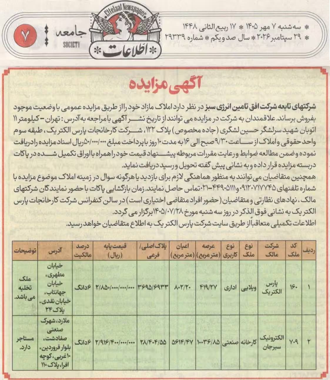 مزایده فروش عمومی ملک اداری و کارخانه